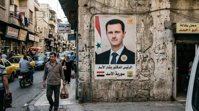 Portrait officiel de Bachar al-Assad affiché sur un mur dans une rue syrienne.