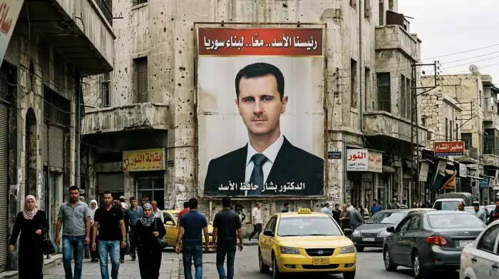 Portrait officiel de Bachar al-Assad sur une affiche de propagande à Damas.