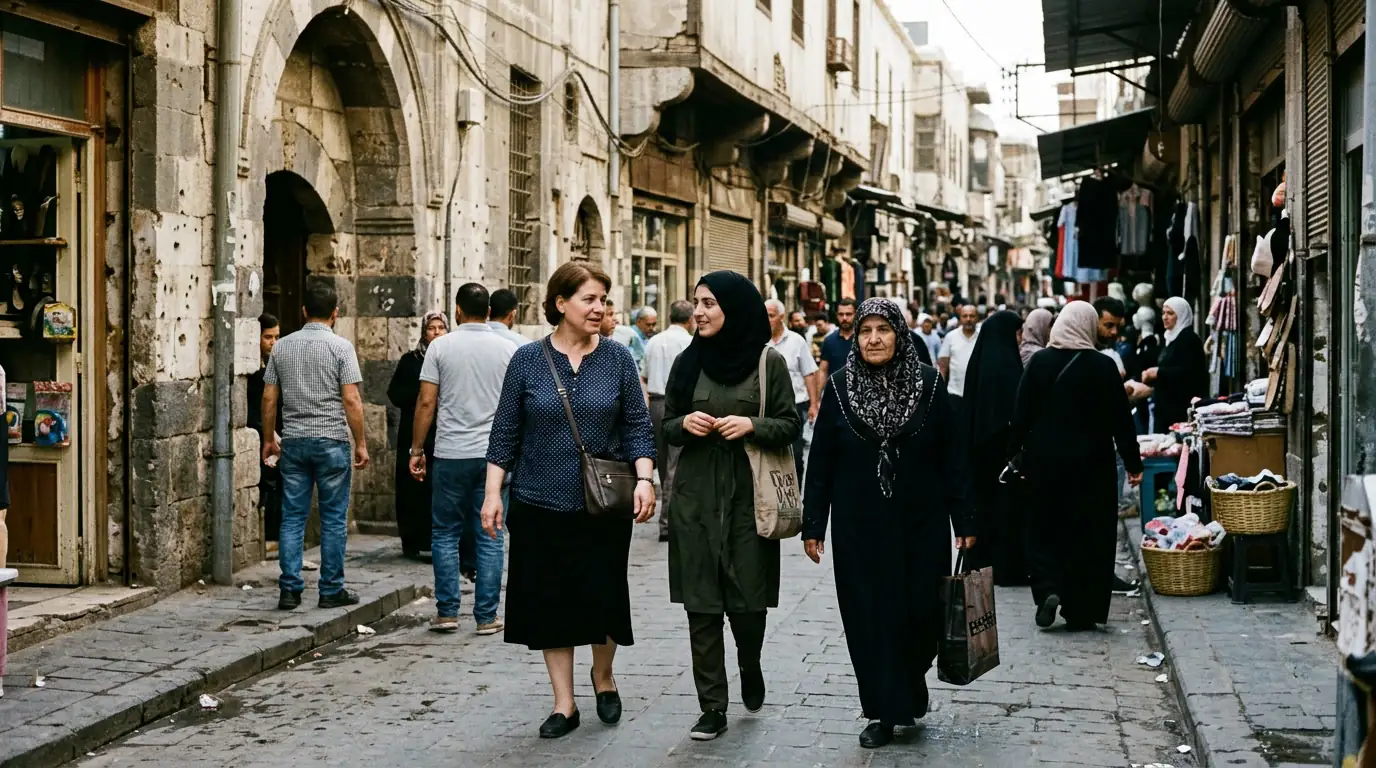 Femmes syriennes dans une rue de Damas, entre héritage laïque baasiste et réalités du conflit.