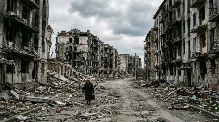 Quartier urbain en ruine, immeubles éventrés témoignant des destructions de guerre.