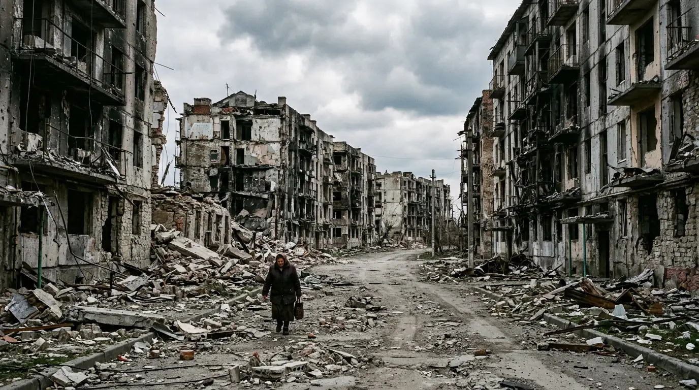 Quartier urbain en ruine, immeubles éventrés témoignant des destructions de guerre.