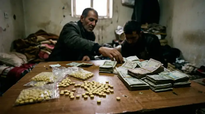 Comprimés de Captagon et liasses de billets, symboles de l'économie de guerre syrienne.