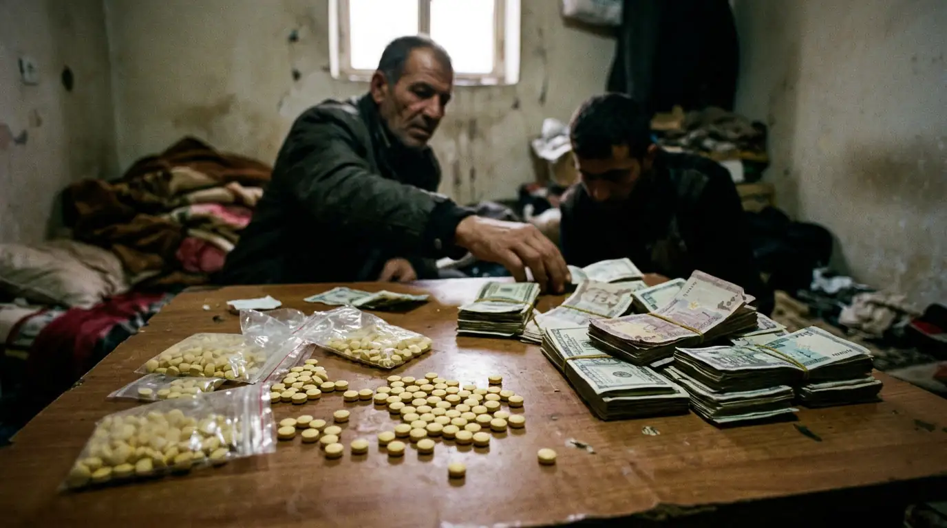 Comprimés de Captagon et liasses de billets, symboles de l'économie de guerre syrienne.