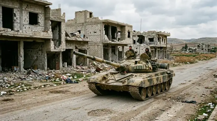 Char de l'armée syrienne sur une route de campagne devant des bâtiments endommagés par la guerre.