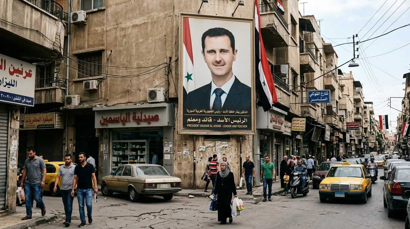 Portrait officiel de Bachar al-Assad affiché dans une rue syrienne sous le régime baasiste.
