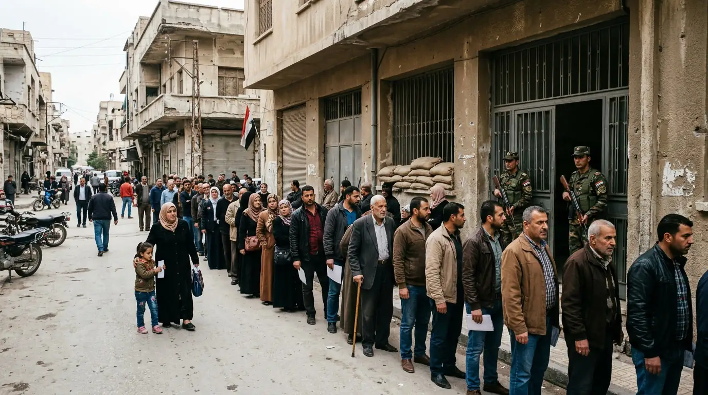 File d'attente devant un bureau administratif dans une ville syrienne sous contrôle gouvernemental pendant la guerre.