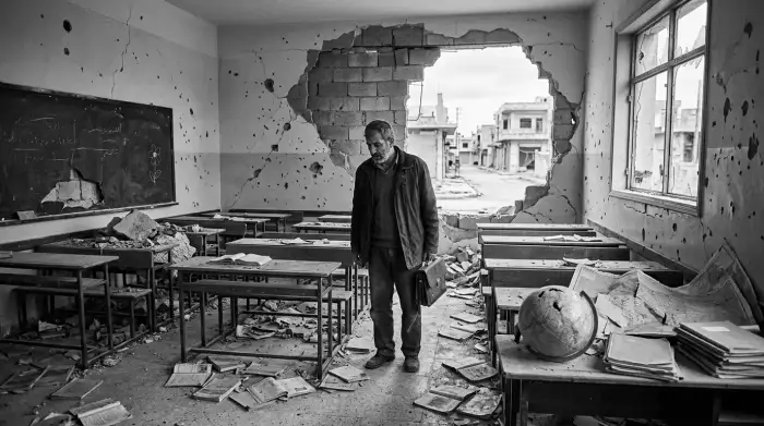 Salle de classe endommagée en Syrie, symbole de l'exode des enseignants et des professionnels.
