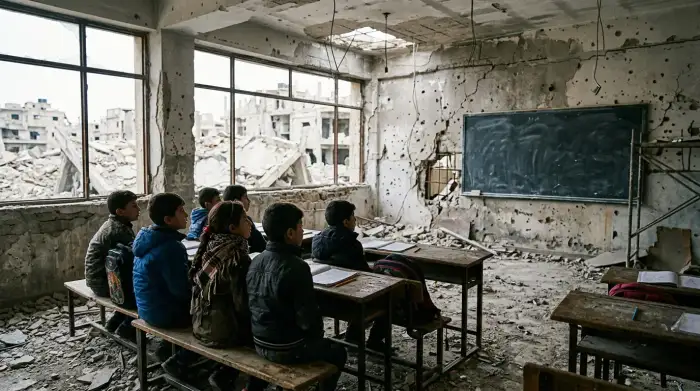 Jeunes Syriens dans une salle de classe endommagée par la guerre, regardant vers un tableau noir.