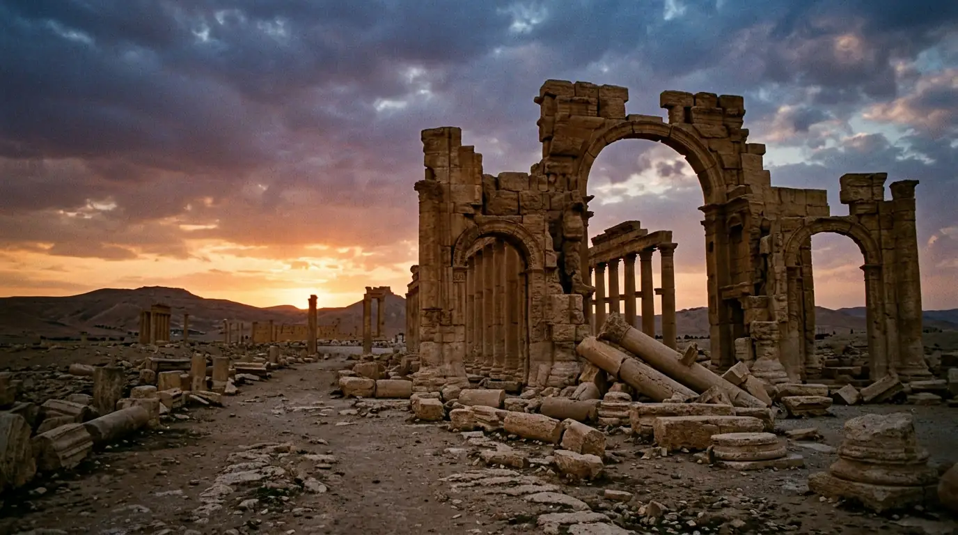 Vestiges antiques de Palmyre endommagés au crépuscule, dans le désert syrien.