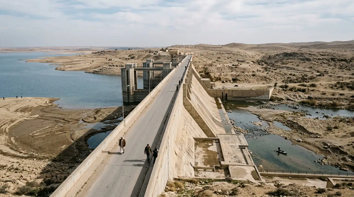 Le barrage de Tabqa sur l'Euphrate, en Syrie, avec un niveau d'eau réduit.