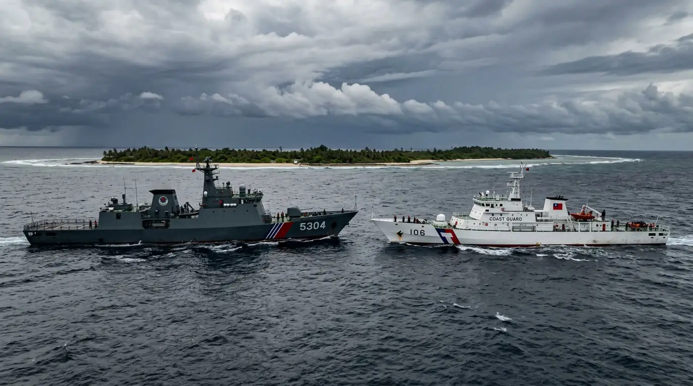 Navires de garde-côtes chinois et taïwanais se faisant face au large d'un atoll isolé de la mer de Chine méridionale, sous un ciel chargé.