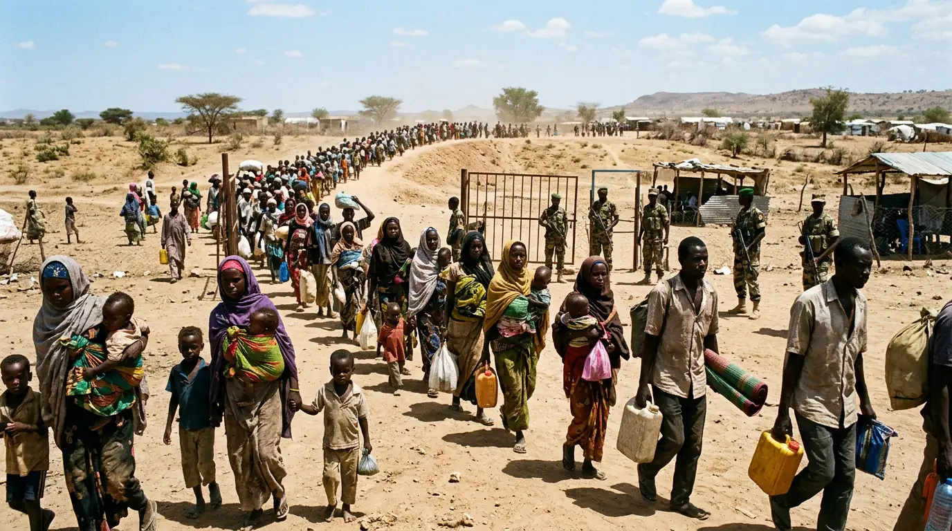 File de réfugiés soudanais franchissant la frontière à Adré, dans la province tchadienne du Ouaddaï, sous un soleil de plomb.