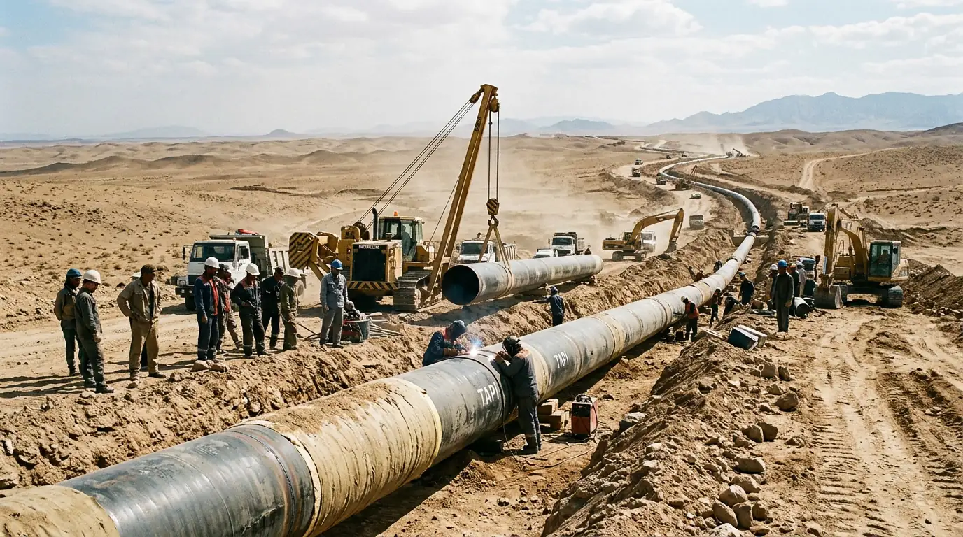 Tronçon de gazoduc en construction dans un désert d'Asie centrale, illustrant le projet TAPI reliant le Turkménistan à l'Afghanistan.