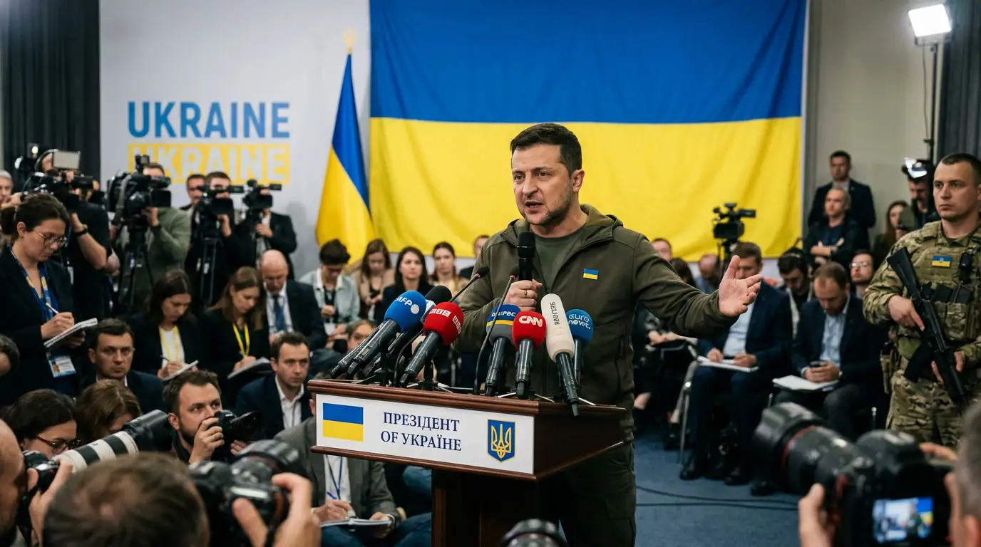 Volodymyr Zelensky lors d'une conférence de presse à Kiev, devant le drapeau ukrainien, juin 2026