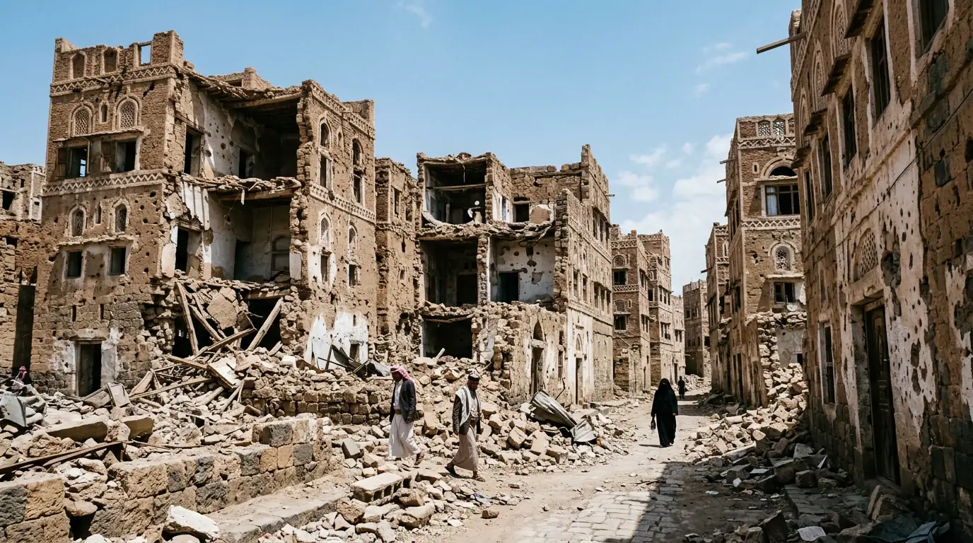 Ville yéménite endommagée par les combats, bâtiments en ruine sous un ciel clair.