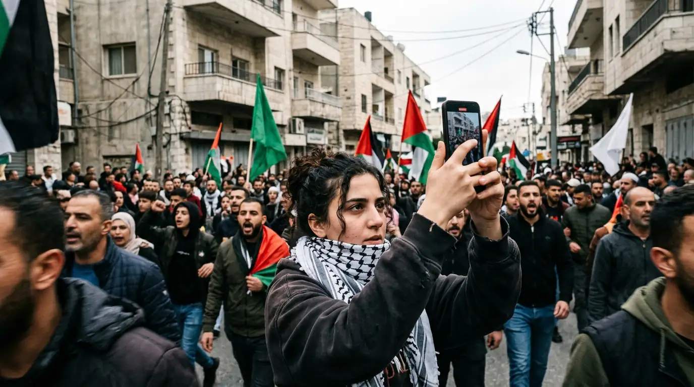 Manifestant filmant une foule avec son téléphone portable lors d'un rassemblement urbain au Moyen-Orient.