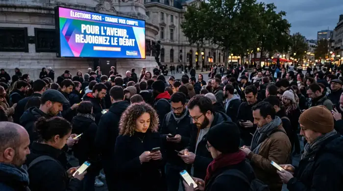 Foule de citoyens consultant leurs smartphones devant un écran géant diffusant des messages politiques.