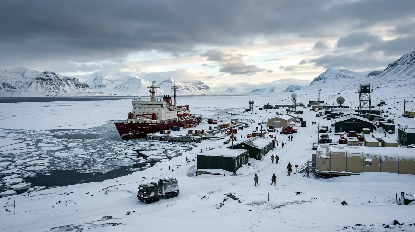 Base militaire enneigée et brise-glace dans un paysage arctique sous un ciel polaire.