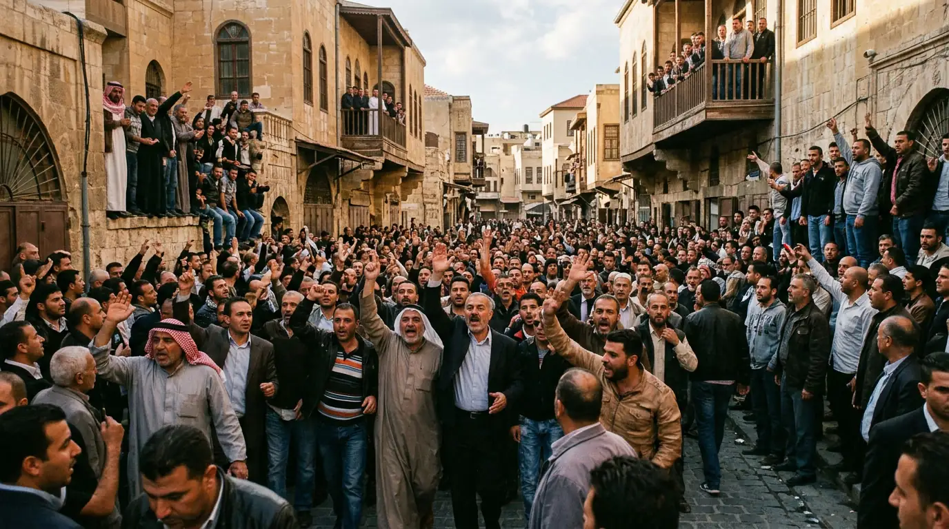Foule lors d'un rassemblement politique dans une ville du monde arabe.