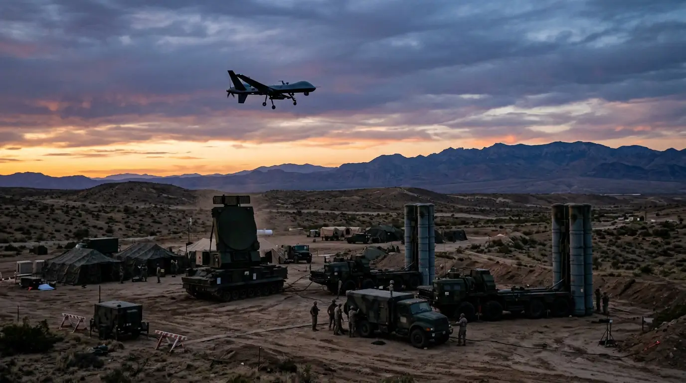Drone militaire survolant un système de défense antiaérienne au crépuscule.