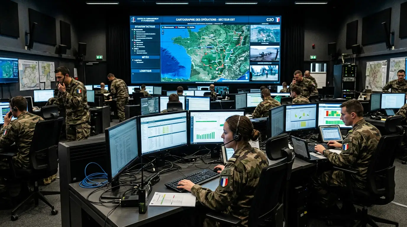 Centre de commandement militaire moderne avec écrans de données et opérateurs.