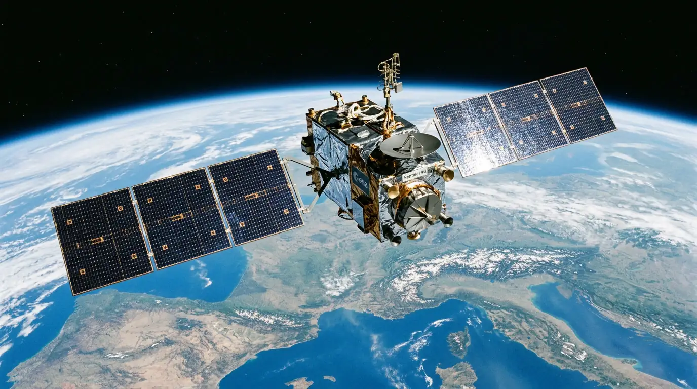 Satellite d'observation en orbite au-dessus de la Terre, panneaux solaires déployés.