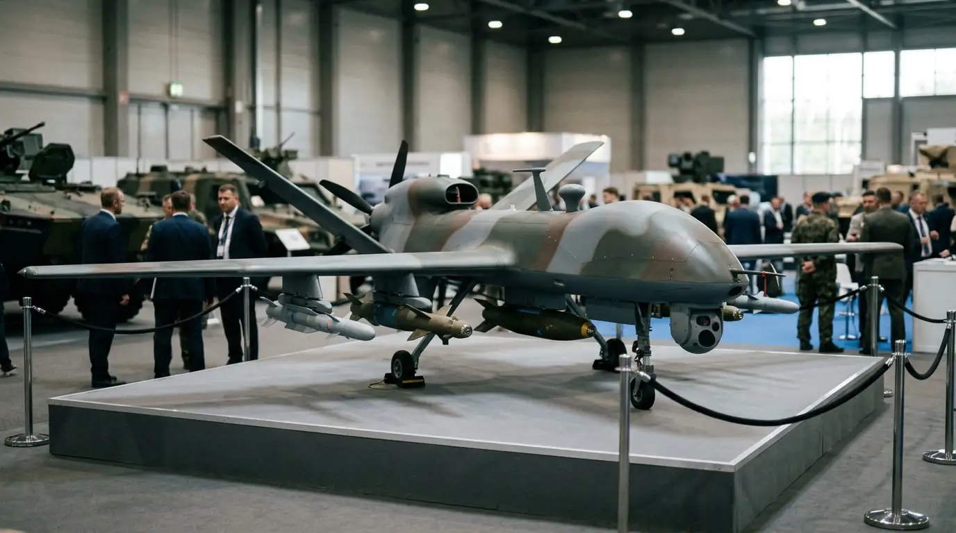 Drone armé de fabrication étrangère exposé lors d'un salon international de l'armement.