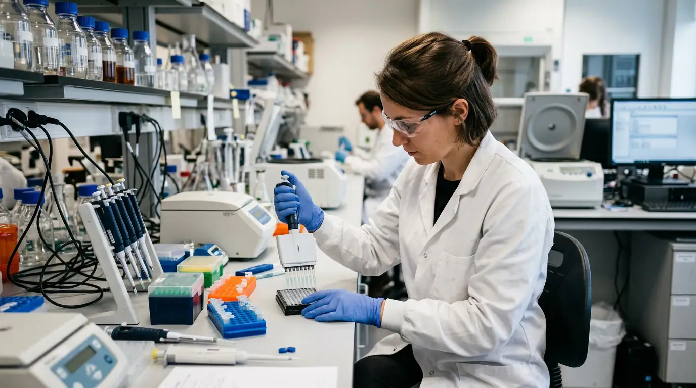 Chercheuse manipulant des échantillons d'ADN dans un laboratoire de biologie synthétique.