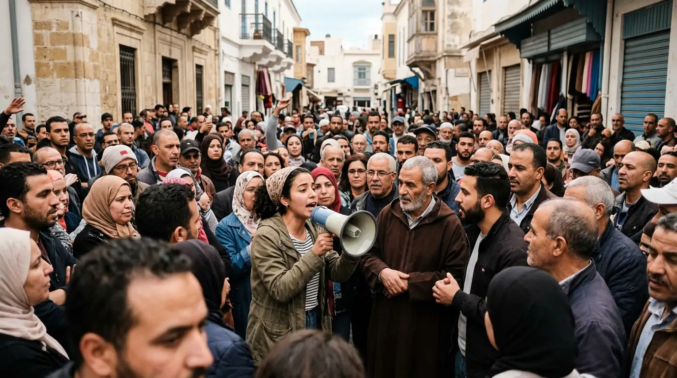 Militants associatifs réunis lors d'un rassemblement citoyen dans une ville arabe.