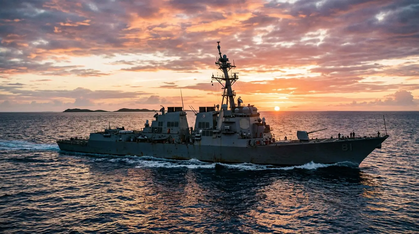 Navire de guerre américain patrouillant dans les eaux des Caraïbes au coucher du soleil