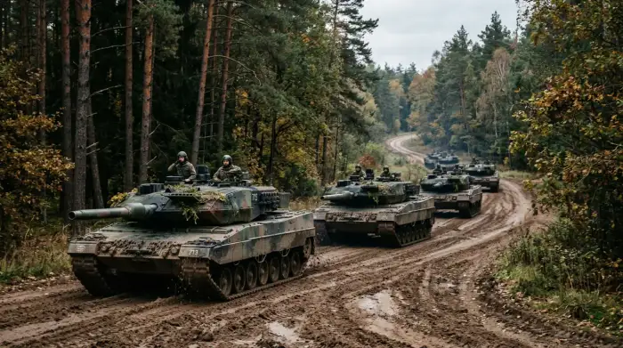 Colonne de chars Leopard 2 progressant sur une route forestière d'Europe de l'Est.