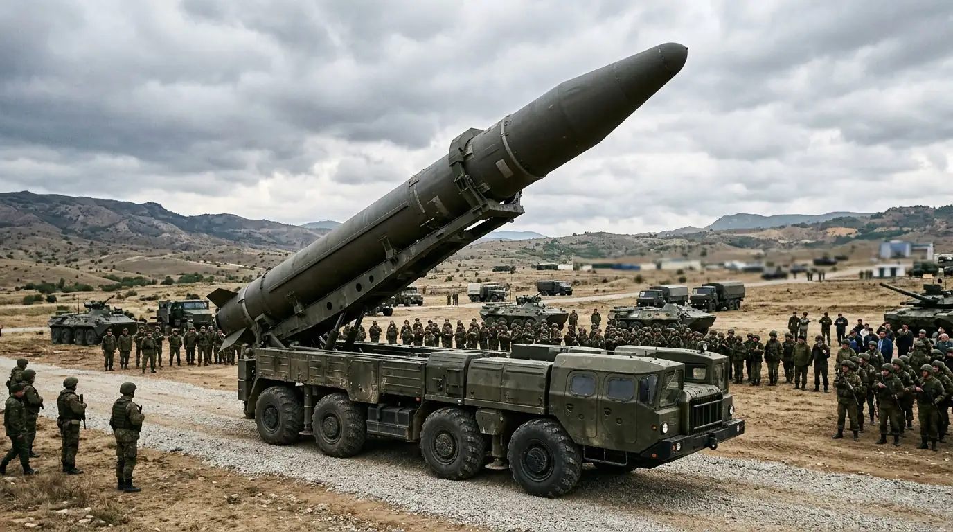 Missile balistique stratégique sur son lanceur lors d'une démonstration de force militaire