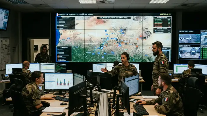 Centre de commandement militaire avec écrans de suivi des opérations et cartographie en temps réel