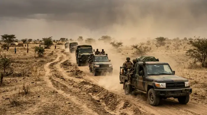 Convoi militaire sur une piste sahélienne sous un ciel chargé de poussière.