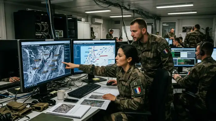 Analystes du renseignement militaire devant des écrans de données satellitaires et de cartes opérationnelles.