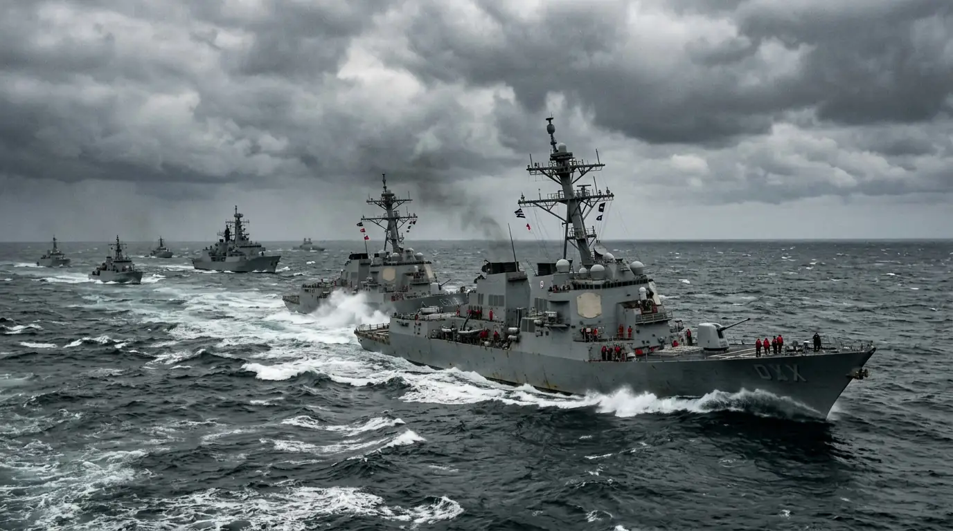 Navires de guerre manœuvrant à proximité dans une mer contestée sous un ciel chargé.