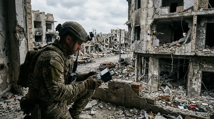 Soldat manœuvrant un drone FPV dans un environnement urbain en ruines.