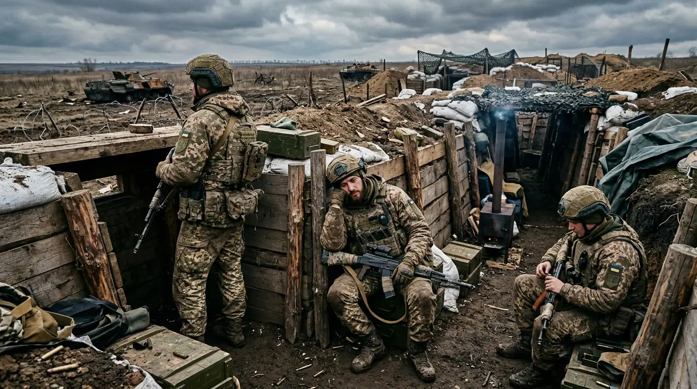 Soldats ukrainiens sur une ligne de front fortifiée, illustrant la guerre d'usure en 2026.