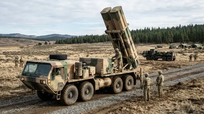 Lanceur mobile de missile hypersonique américain Dark Eagle déployé lors d'un exercice.
