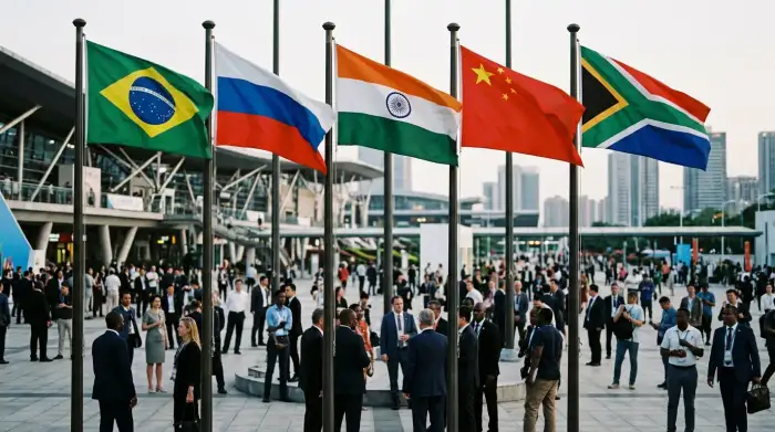 Drapeaux des pays BRICS réunis, symbole de la montée du Sud global face à l'Occident.
