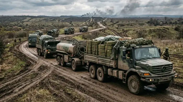 Convoi logistique militaire chargé de munitions et de carburant progressant vers le front.