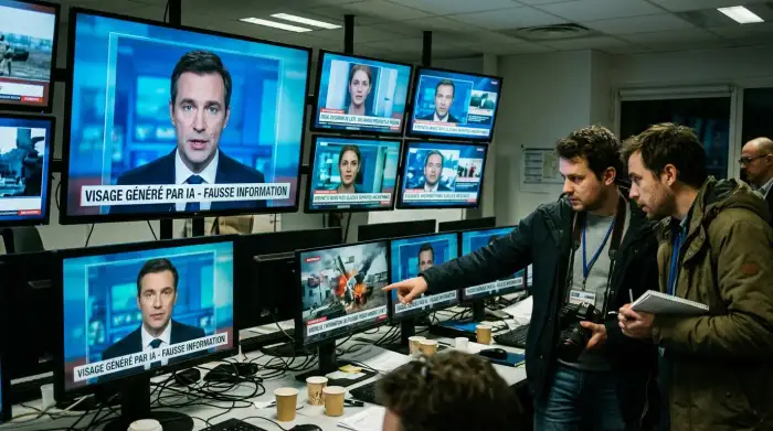 Écrans diffusant de fausses informations et visages générés par IA illustrant la guerre de l'information.