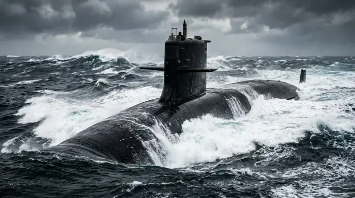 Sous-marin nucléaire lanceur d'engins faisant surface dans une mer agitée.