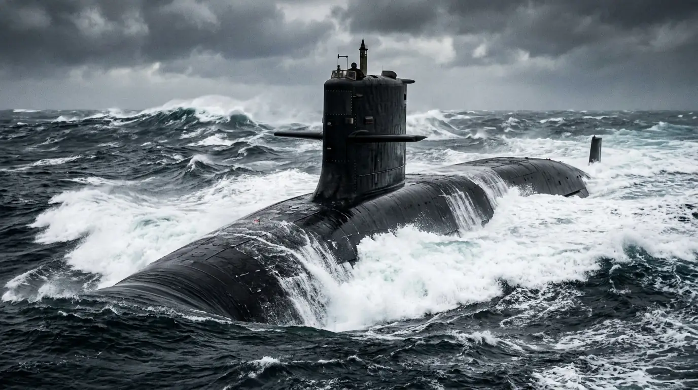 Sous-marin nucléaire lanceur d'engins faisant surface dans une mer agitée.