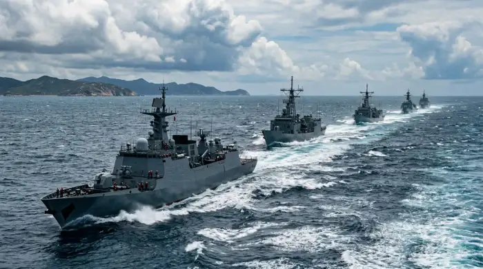 Navires de guerre manœuvrant en formation lors d'un exercice naval en mer de Chine méridionale.