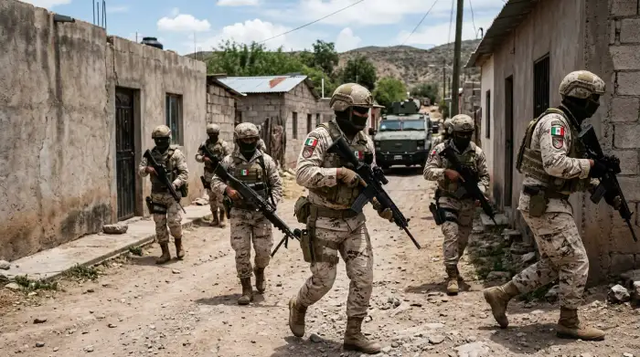 Soldats mexicains lors d'une opération antidrogue, illustrant la lutte de l'État contre les cartels.