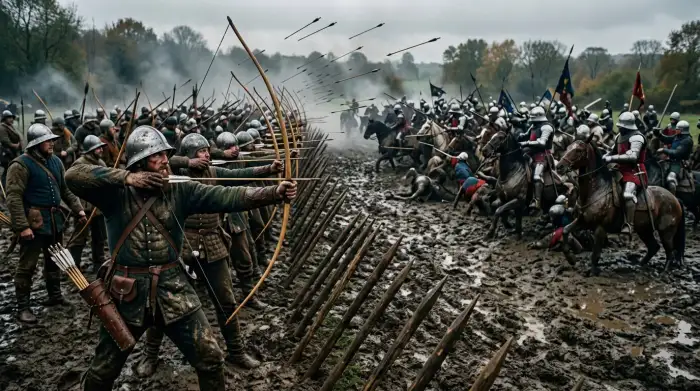 Archers anglais tirant à l'arc long contre la chevalerie française embourbée à la bataille d'Agincourt en 1415.