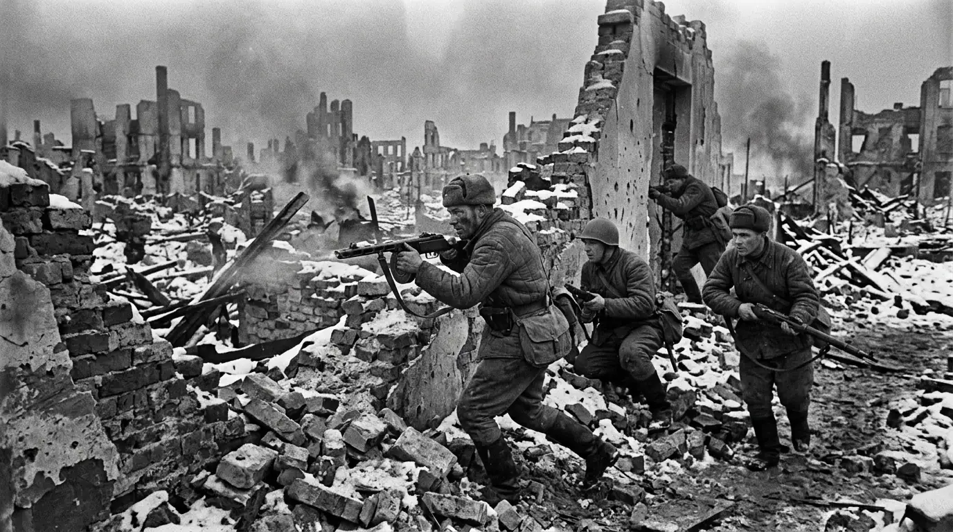 Soldats soviétiques combattant dans les ruines de Stalingrad pendant la bataille urbaine de l'hiver 1942-1943.