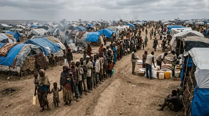 Camp de personnes déplacées dans une zone de conflit oubliée, tentes et files d'attente pour l'aide humanitaire.