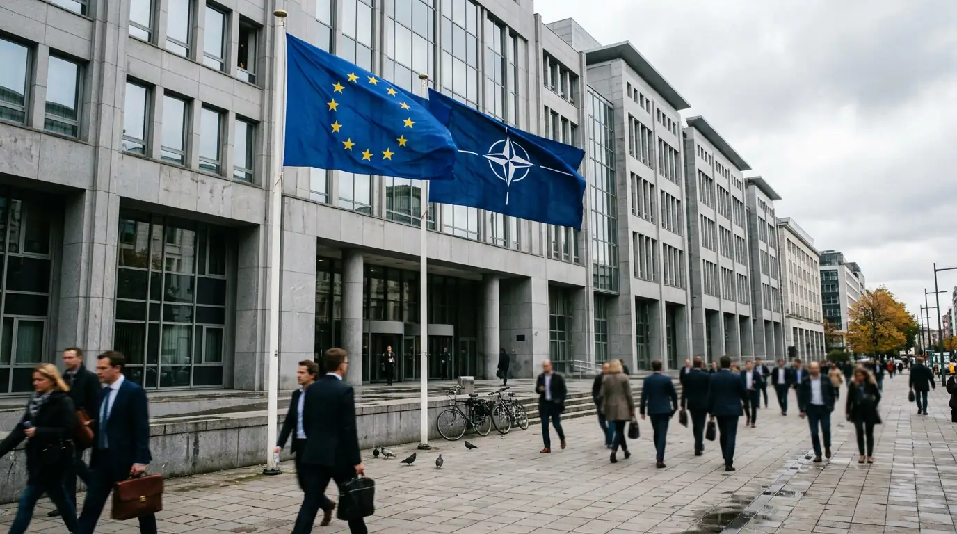 Drapeaux de l'Union européenne et de l'OTAN devant un bâtiment institutionnel à Bruxelles.